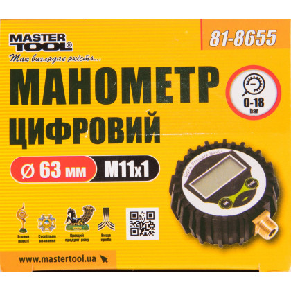 Манометр цифровой к пистолету для подкачки колес, 63 мм, М11x1, 0-18 бар, резиновая защита Mastertool 81-8655