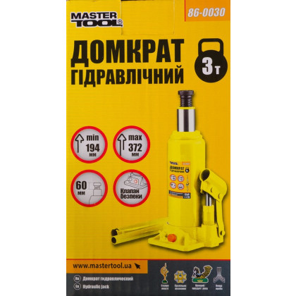Домкрат гидравлический бутылочный 3 т, 194-372 мм Mastertool 86-0030